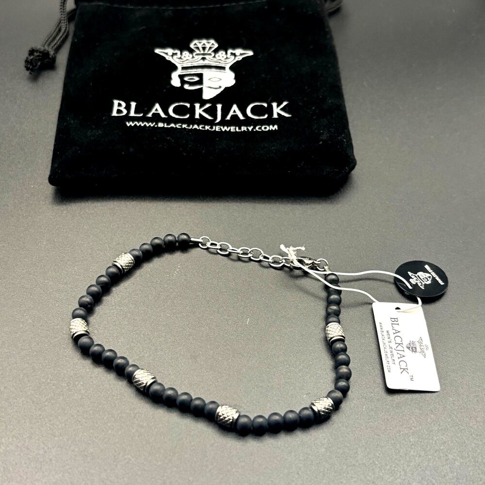 Blackjack BJS37BON Mens Genuine Onyx Stainless Steel Beaded Bracelet NIBWT - Picture 7 of 17